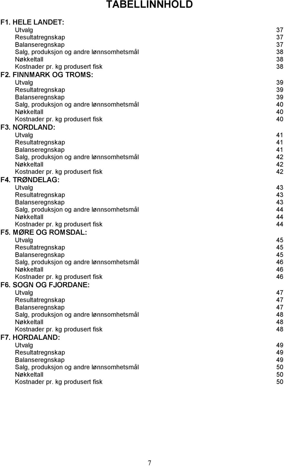 NORDLAND: Utvalg 41 Resultatregnskap 41 Balanseregnskap 41 Salg, produksjon og andre lønnsomhetsmål 42 Nøkkeltall 42 Kostnader pr. kg produsert fisk 42 F4.