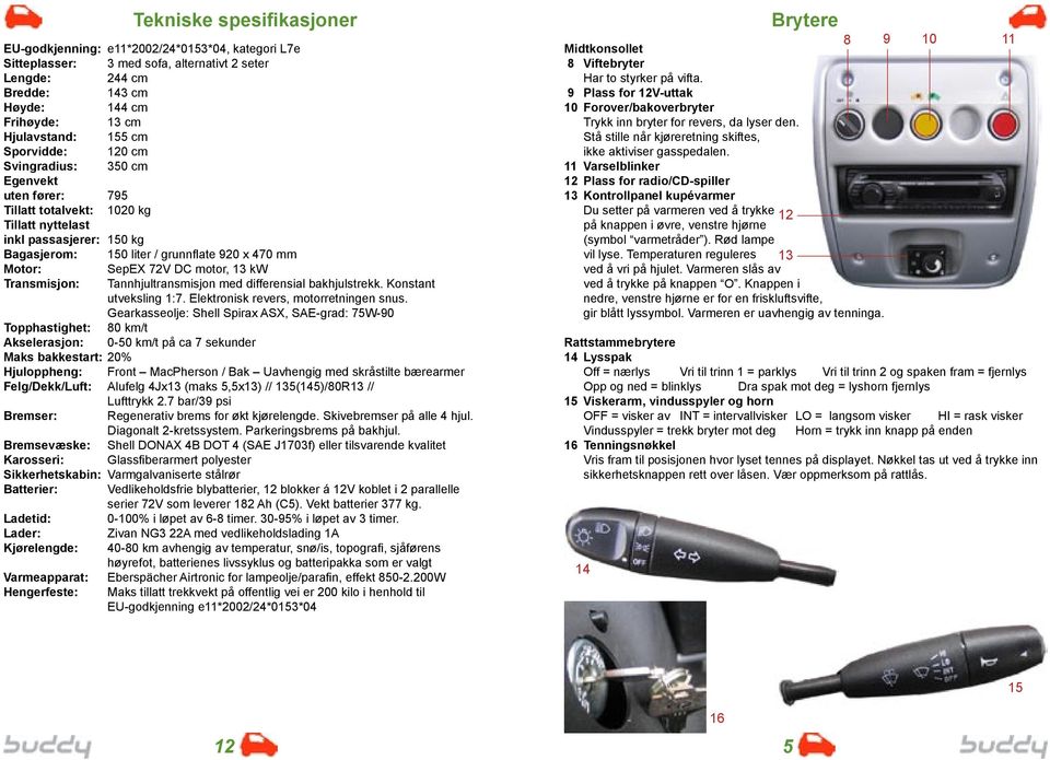 72V DC motor, 13 kw Transmisjon: Tannhjultransmisjon med differensial bakhjulstrekk. Konstant utveksling 1:7. Elektronisk revers, motorretningen snus.