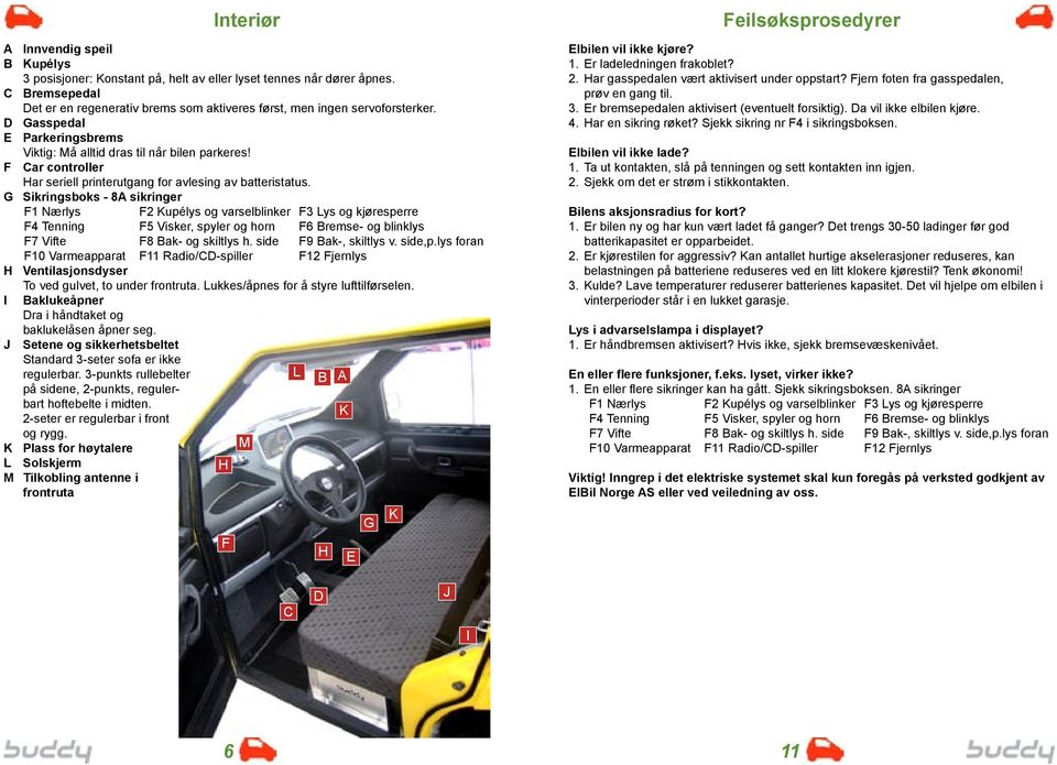 G Sikringsboks - 8A sikringer F1 Nærlys F2 Kupélys og varselblinker F3 Lys og kjøresperre F4 Tenning F5 Visker, spyler og horn F6 Bremse- og blinklys F7 Vifte F8 Bak- og skiltlys h.