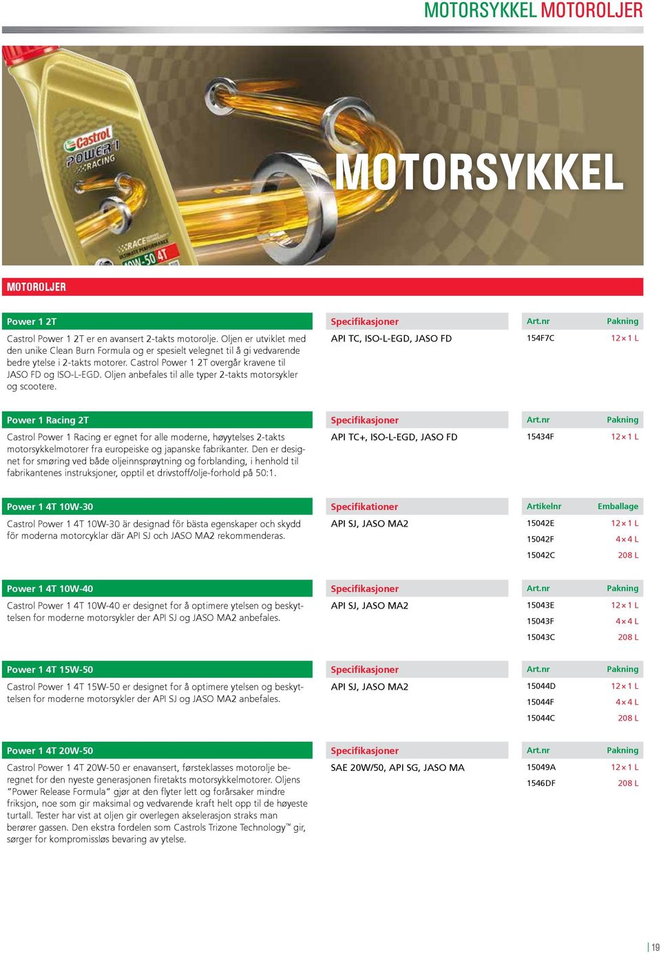 Oljen anbefales til alle typer 2-takts motorsykler og scootere. API TC, ISO-L-EGD, JASO FD 154F7C Power 1 Racing 2T Specifikasjoner Art.