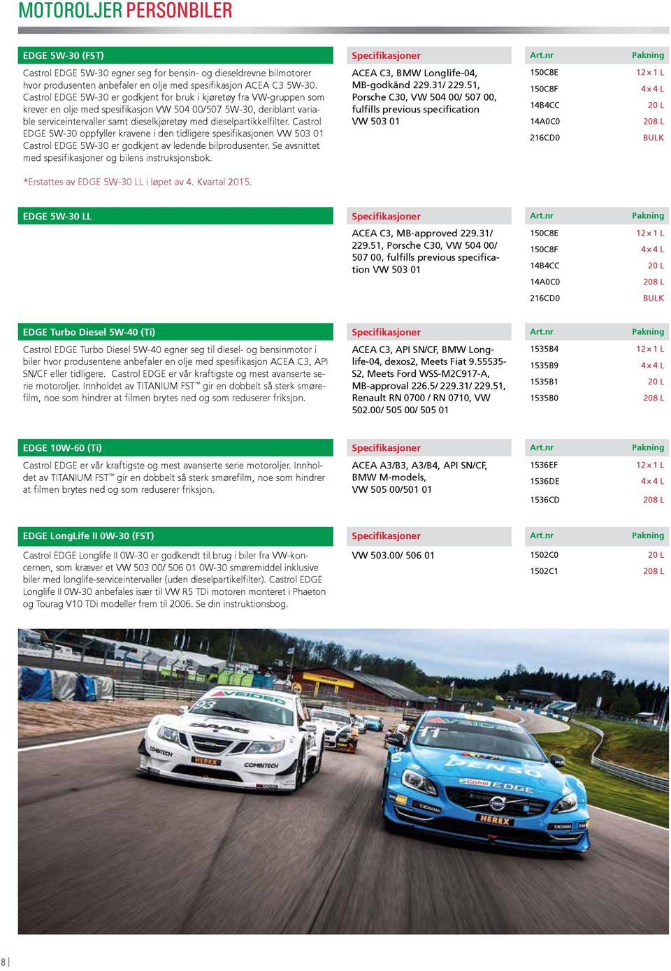 Castrol EDGE 5W-30 er godkjent for bruk i kjøretøy fra VW-gruppen som krever en olje med spesifikasjon VW 504 00/507 5W-30, deriblant variable serviceintervaller samt dieselkjøretøy med