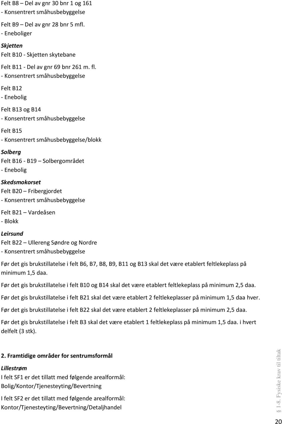 Skedsmokorset Felt B20 Fribergjordet - Konsentrert småhusbebyggelse Felt B21 Vardeåsen - Blokk Leirsund Felt B22 Ullereng Søndre og Nordre - Konsentrert småhusbebyggelse Før det gis brukstillatelse i