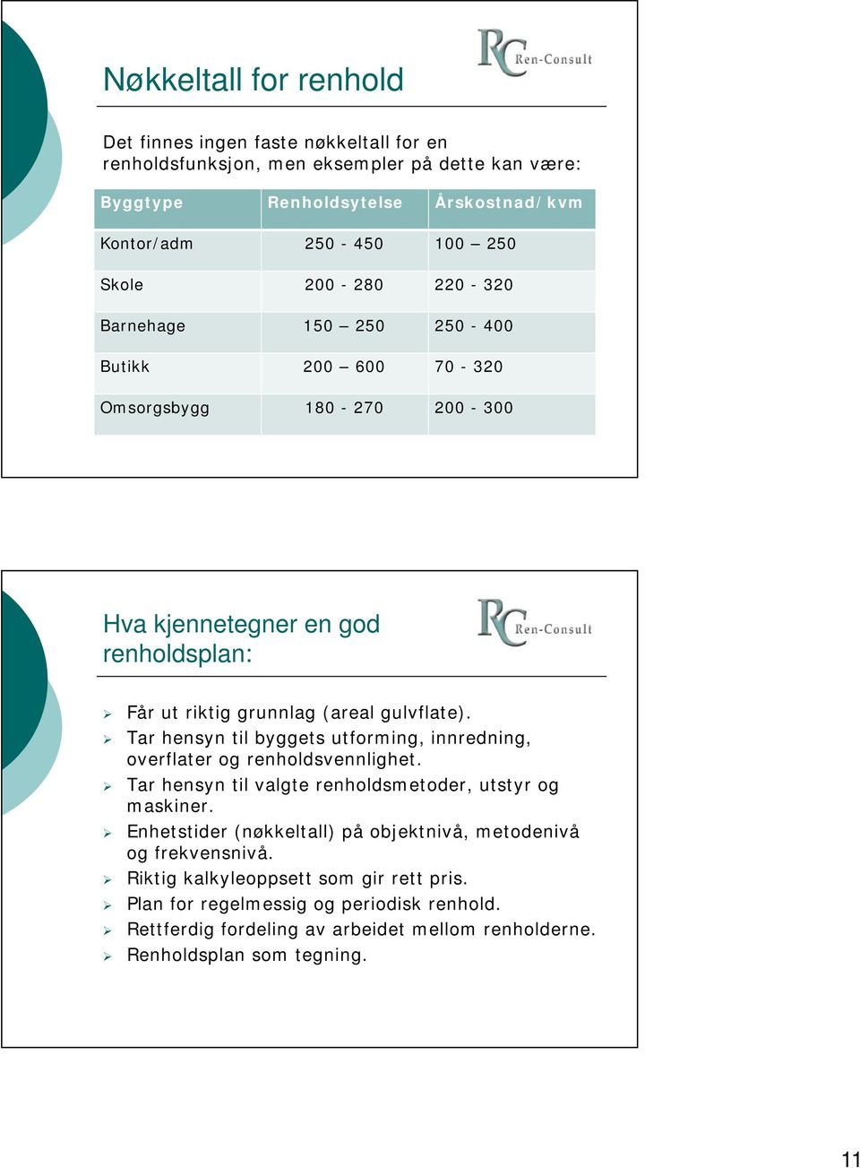 Tar hensyn til byggets utforming, innredning, overflater og renholdsvennlighet. Tar hensyn til valgte renholdsmetoder, utstyr og maskiner.