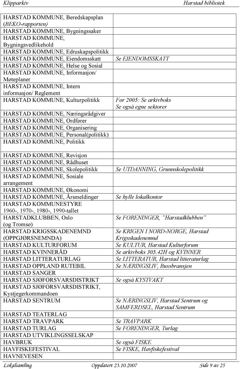 HARSTAD KOMMUNE, Organisering HARSTAD KOMMUNE, Personal(politikk) HARSTAD KOMMUNE, Politikk Se EIENDOMSSKATT Før 2005: Se arkivboks Se også egne sektorer HARSTAD KOMMUNE, Revisjon HARSTAD KOMMUNE,