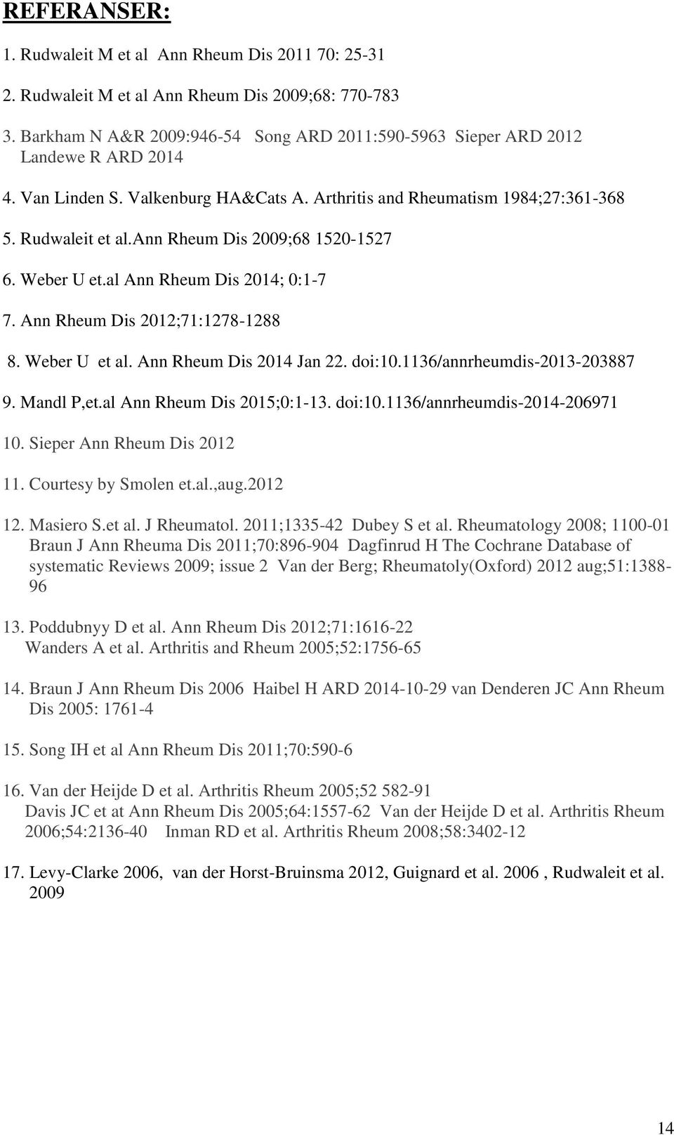 ann Rheum Dis 2009;68 1520-1527 6. Weber U et.al Ann Rheum Dis 2014; 0:1-7 7. Ann Rheum Dis 2012;71:1278-1288 8. Weber U et al. Ann Rheum Dis 2014 Jan 22. doi:10.1136/annrheumdis-2013-203887 9.