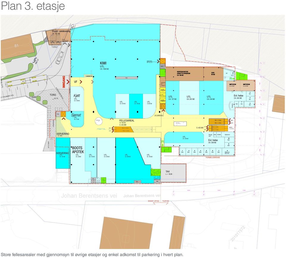 DRIFT ANSATTE HC TOALETT SENTERKONTOR/ ANSATTE SPISEROM CA 160 M2 DISP. 80 M2 WC BK CA 14M2 R MØTEROM Ca. 45 M2 MØTEROM Ca. 45 M2 1` 2` Rdim=12.5 m, L=22 m, tømmertransport 4.10 m 7.20 m EKSIST.