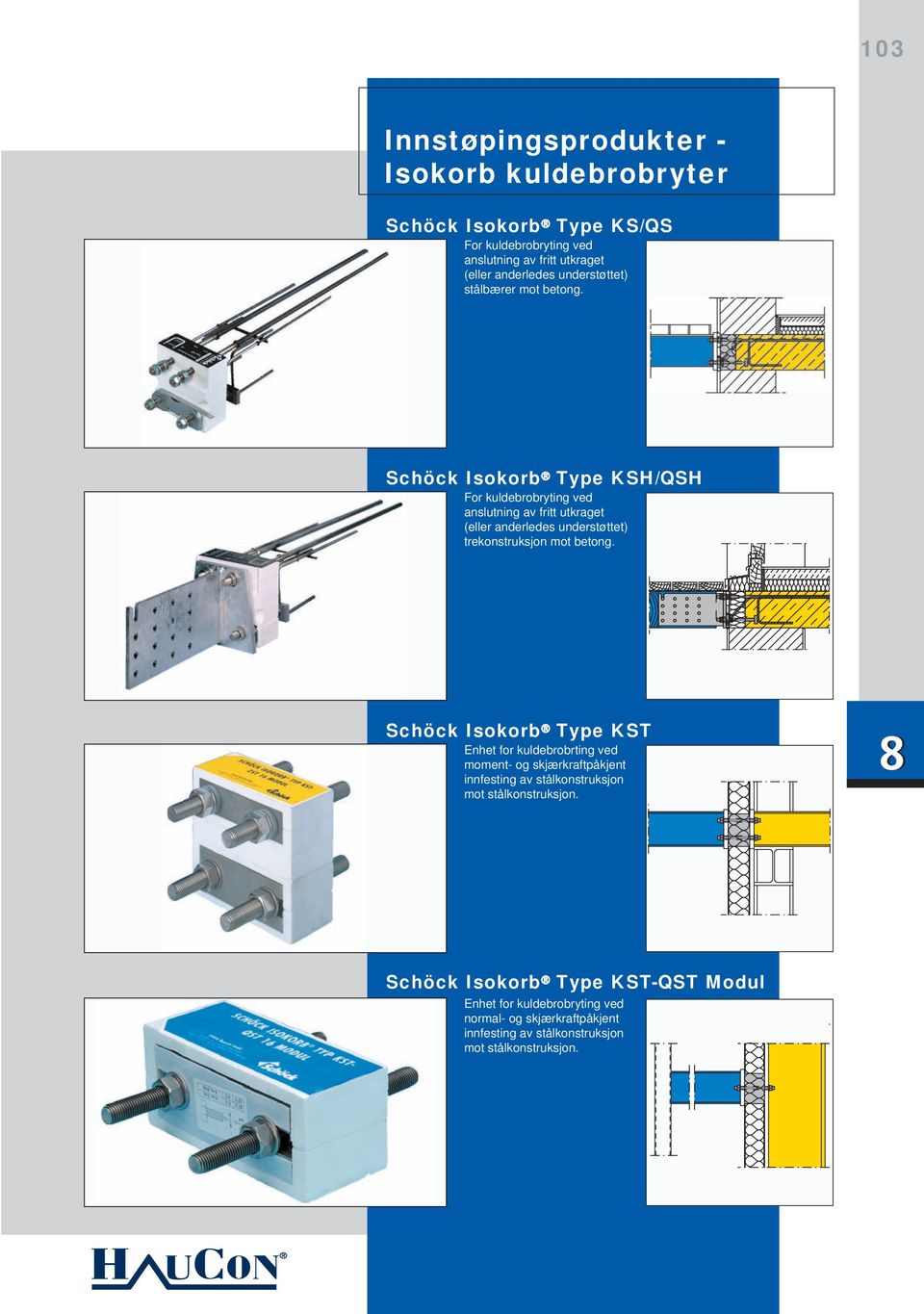 Schöck Isokorb Type KSH/QSH For kuldebrobryting ved anslutning av fritt utkraget (eller anderledes understøttet) trekonstruksjon mot betong.
