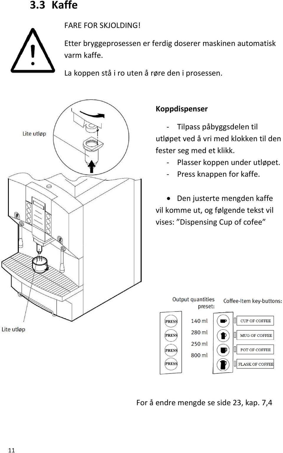 Koppdispenser Tilpass påbyggsdelen til utløpet ved å vri med klokken til den fester seg med et klikk.