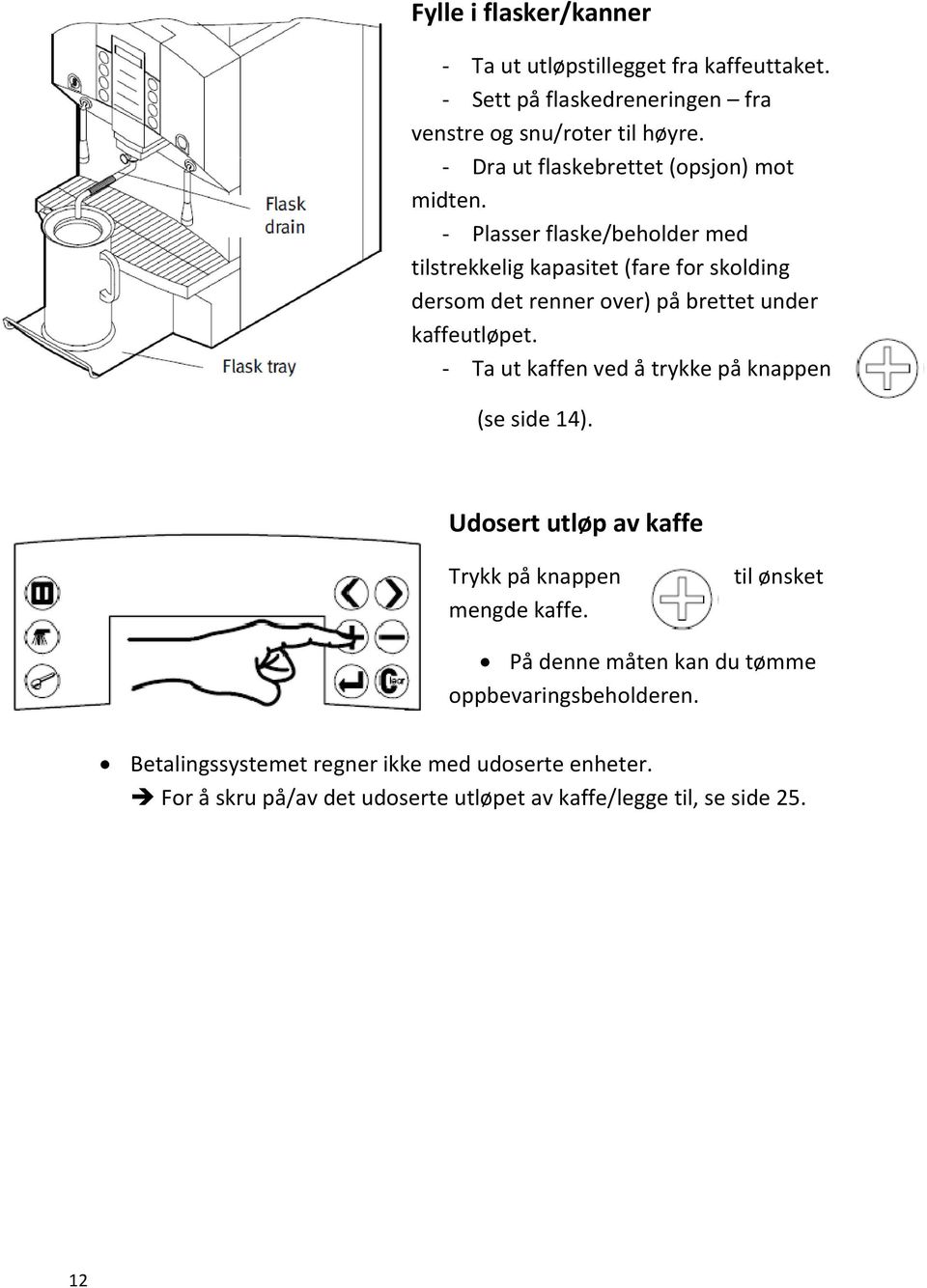 Plasser flaske/beholder med tilstrekkelig kapasitet (fare for skolding dersom det renner over) på brettet under kaffeutløpet.