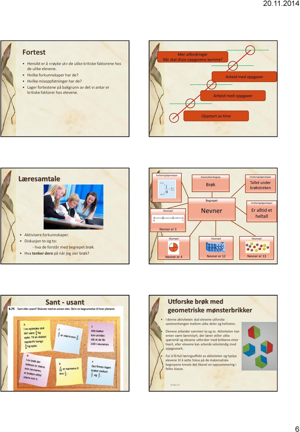 Arbeid med oppgaver Arbeid med oppgaver Oppstart av time Læresamtale Forklaring/egenskaper Overordnet begrep Brøk Forklaring/egenskaper Tallet under brøkstreken Begrepet Nevner Forklaring/egenskaper