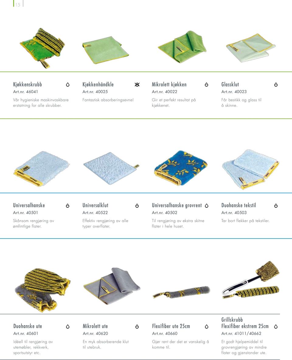 nr. 40502 Art.nr. 40503 Skånsom rengjøring av ømfintlige flater. Effektiv rengjøring av alle typer overflater. Til rengjøring av ekstra skitne flater i hele huset. Tar bort flekker på tekstiler.