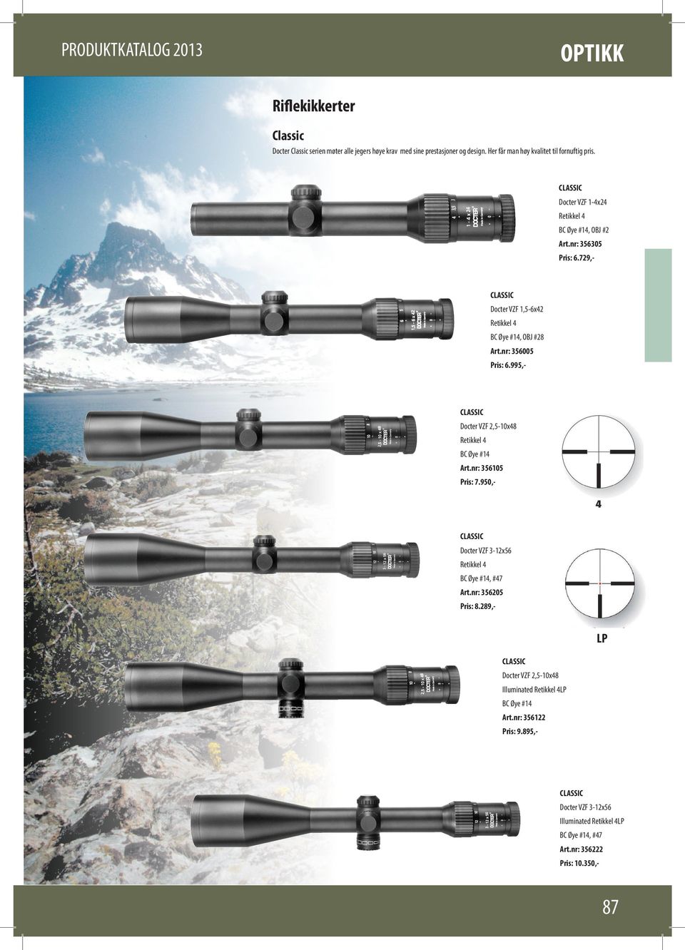 995,- CLASSIC Docter VZF 2,5-10x48 Retikkel 4 BC Øye #14 Art.nr: 356105 Pris: 7.950,- CLASSIC Docter VZF 3-12x56 Retikkel 4 BC Øye #14, #47 Art.nr: 356205 Pris: 8.