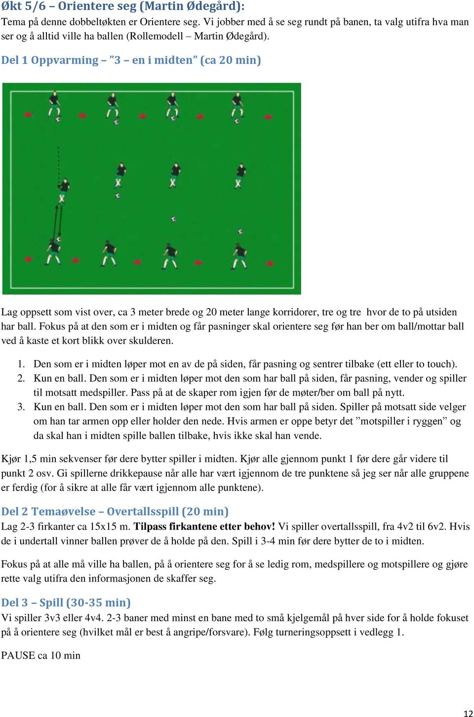 Del 1 Oppvarming 3 en i midten (ca 20 min) Lag oppsett som vist over, ca 3 meter brede og 20 meter lange korridorer, tre og tre hvor de to på utsiden har ball.