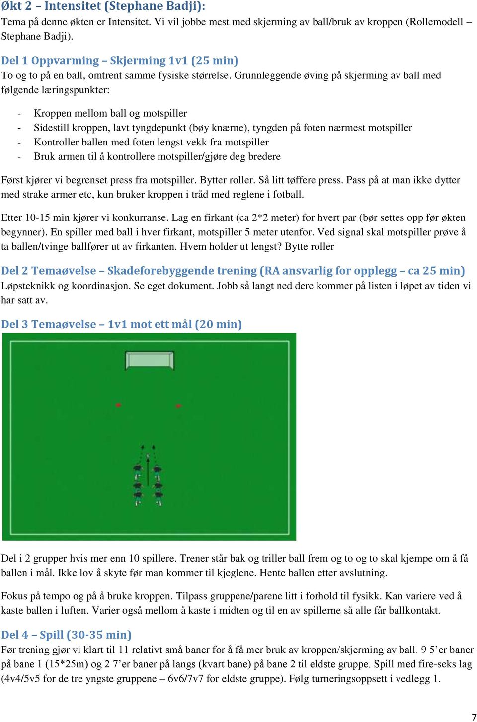 Grunnleggende øving på skjerming av ball med følgende læringspunkter: - Kroppen mellom ball og motspiller - Sidestill kroppen, lavt tyngdepunkt (bøy knærne), tyngden på foten nærmest motspiller -