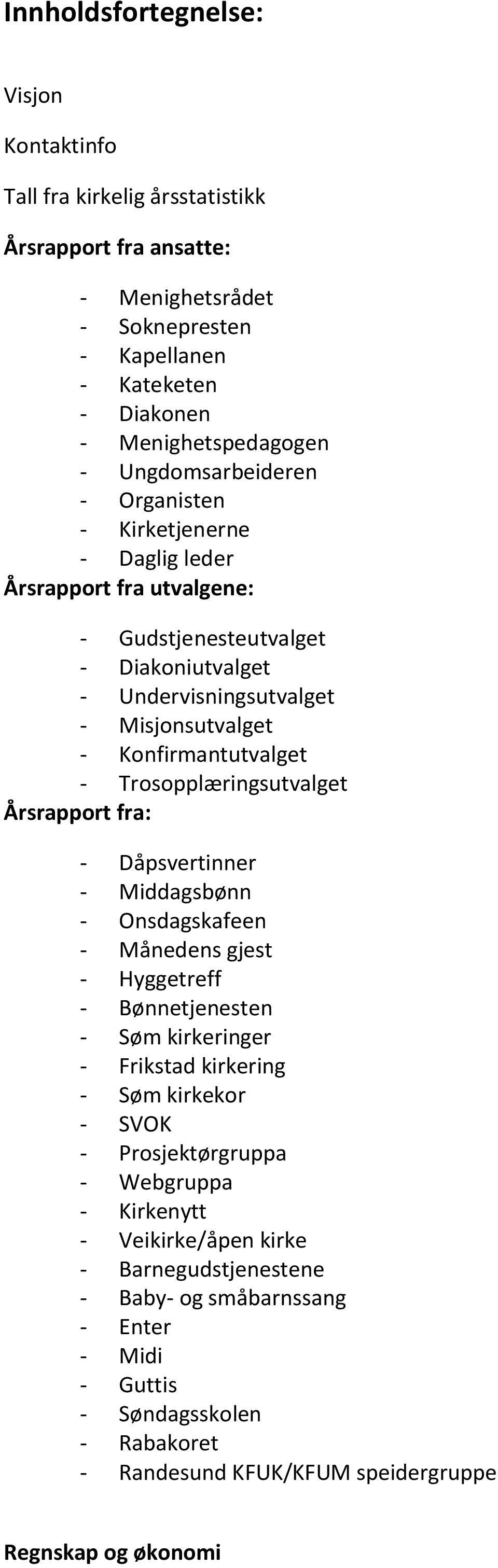 Trosopplæringsutvalget Årsrapport fra: - Dåpsvertinner - Middagsbønn - Onsdagskafeen - Månedens gjest - Hyggetreff - Bønnetjenesten - Søm kirkeringer - Frikstad kirkering - Søm kirkekor - SVOK -