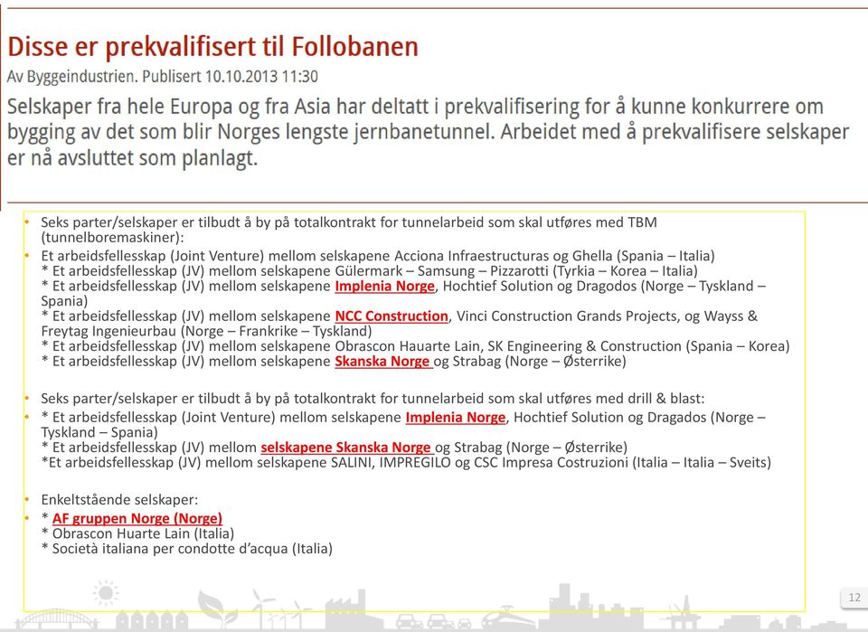 Solution og Dragodos (Norge Tyskland Spania) * Et arbeidsfellesskap (JV) mellom selskapene NCC Construction, Vinci Construction Grands Projects, og Wayss & Freytag Ingenieurbau (Norge Frankrike