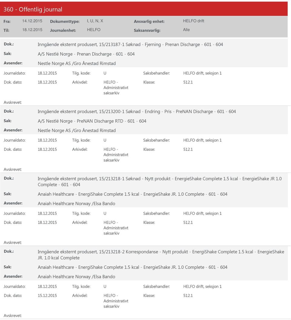 1 Inngående eksternt produsert, 15/213200-1 Søknad - Endring - Pris - PreNAN Discharge - 601-604 A/S Nestlé Norge - PreNAN Discharge RTD - 601-604 Nestle Norge AS /Gro Ånestad Rimstad drift, 1