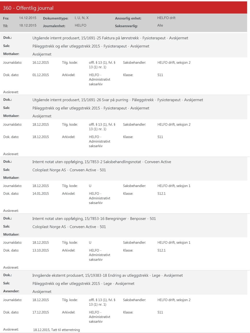 15/7853-2 Saksbehandlingsnotat - Conveen Active Coloplast Norge AS - Conveen Active - 501 drift, seksjon 1 14.01.2015 2.