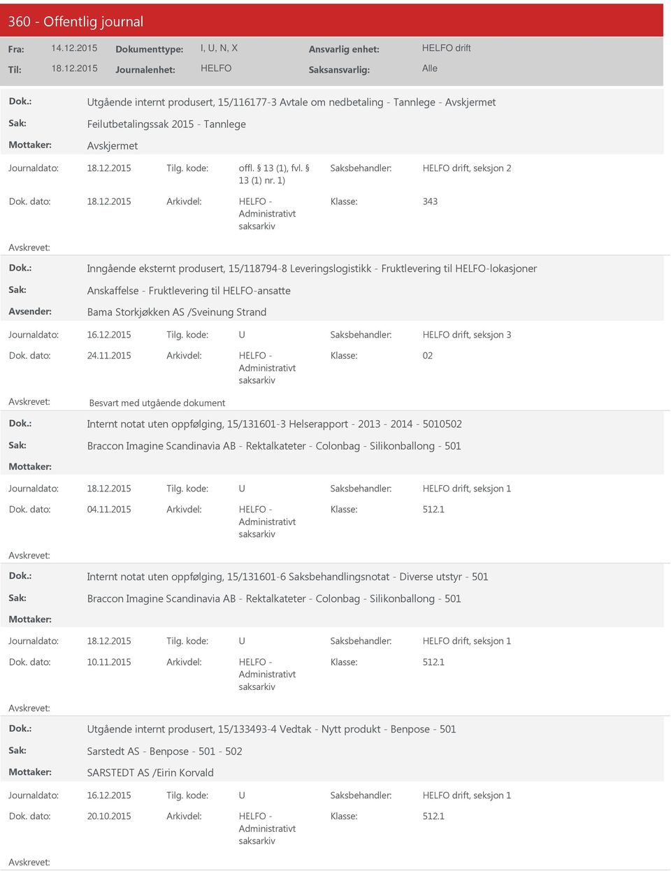 2015 02 Besvart med utgående dokument Internt notat uten oppfølging, 15/131601-3 Helserapport - 2013-2014 - 5010502 Braccon Imagine Scandinavia AB - Rektalkateter - Colonbag - Silikonballong - 501