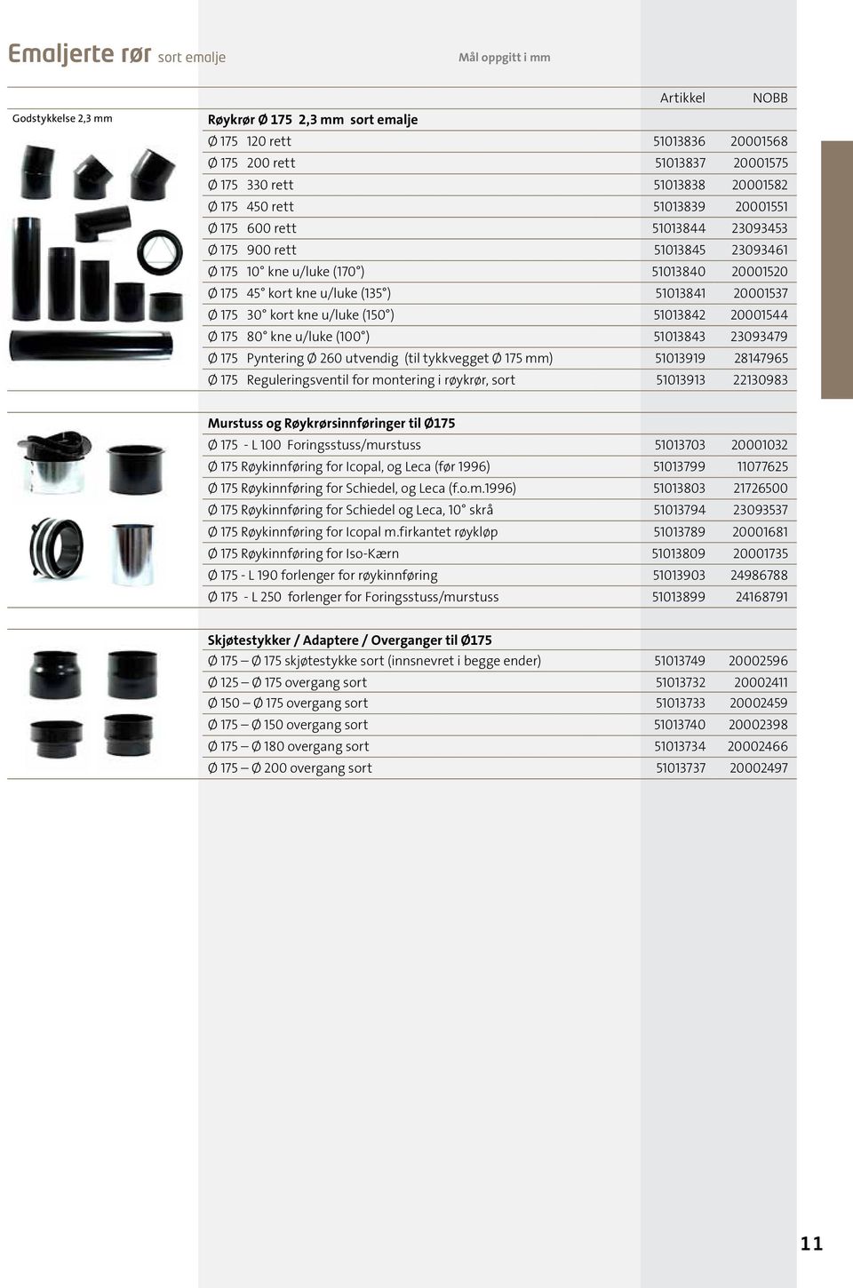 kne u/luke (150 ) 51013842 20001544 Ø 175 80 kne u/luke (100 ) 51013843 23093479 Ø 175 Pyntering Ø 260 utvendig (til tykkvegget Ø 175 mm) 51013919 28147965 Ø 175 Reguleringsventil for montering i