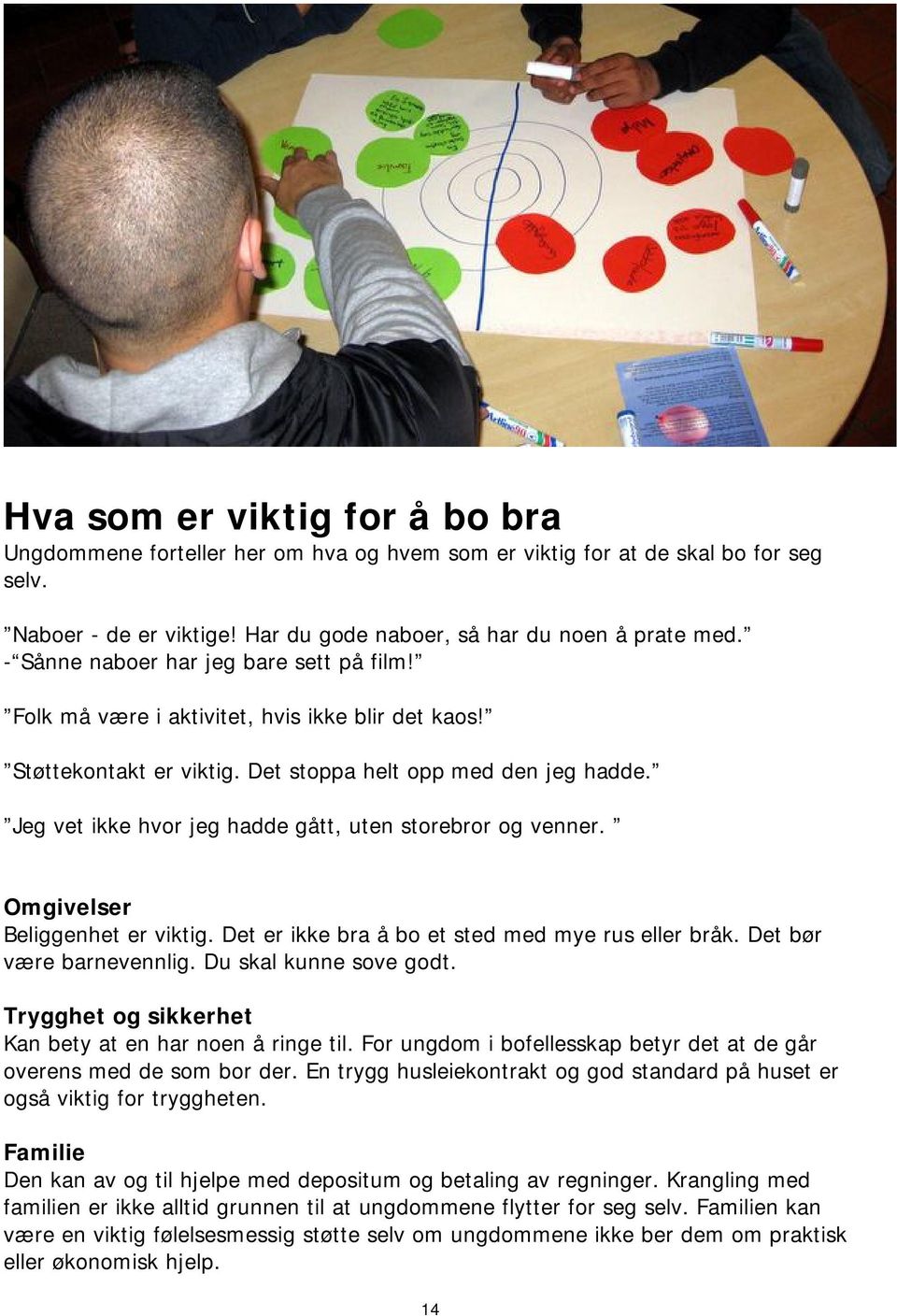 Jeg vet ikke hvor jeg hadde gått, uten storebror og venner. Omgivelser Beliggenhet er viktig. Det er ikke bra å bo et sted med mye rus eller bråk. Det bør være barnevennlig. Du skal kunne sove godt.