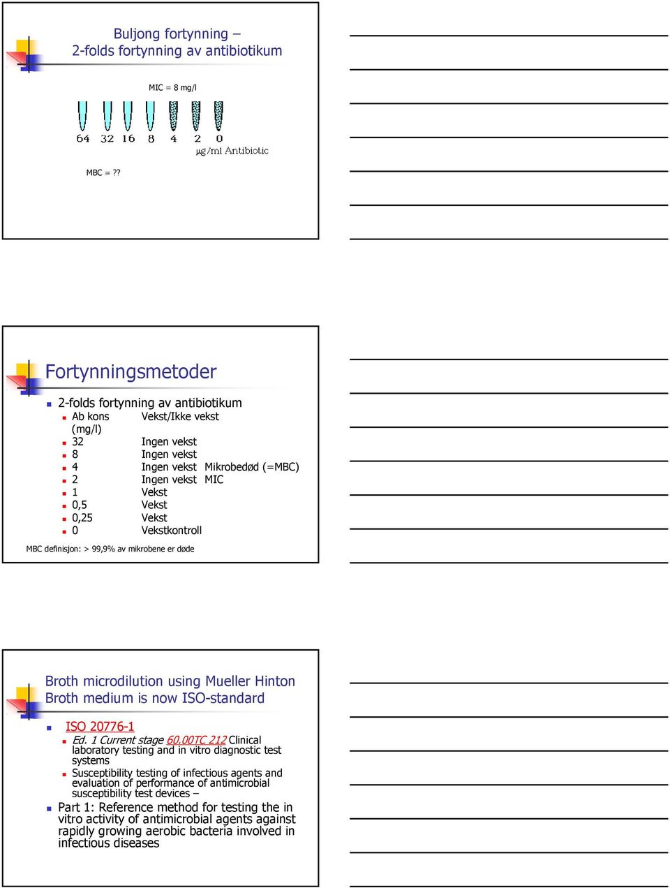 0 Vekstkontroll MBC definisjon: > 99,9% av mikrobene er døde Broth microdilution using Mueller Hinton Broth medium is now ISO-standard ISO 20776-1 Ed. 1 Current stage 60.