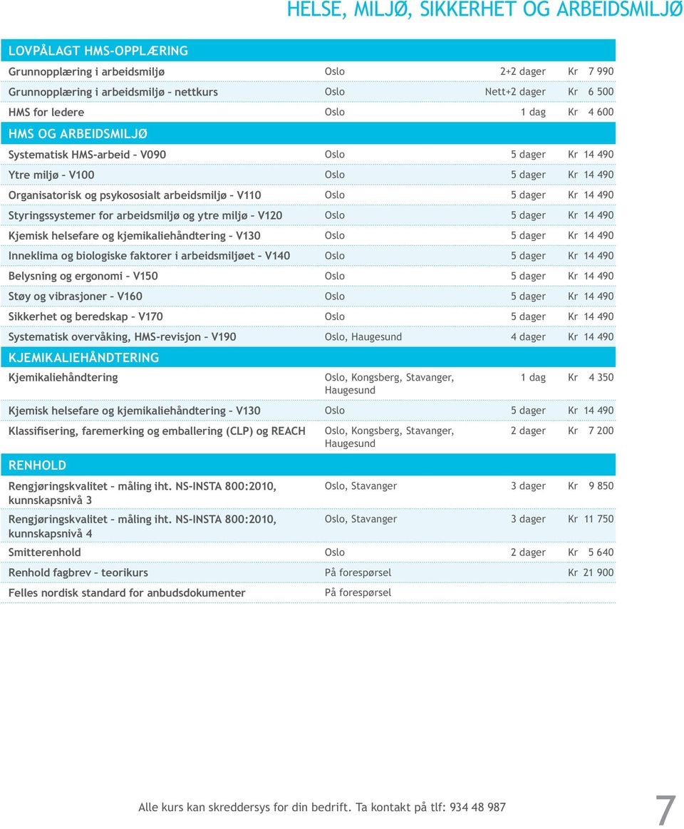 490 Styringssystemer for arbeidsmiljø og ytre miljø V120 Oslo 5 dager Kr 14 490 Kjemisk helsefare og kjemikaliehåndtering V130 Oslo 5 dager Kr 14 490 Inneklima og biologiske faktorer i arbeidsmiljøet