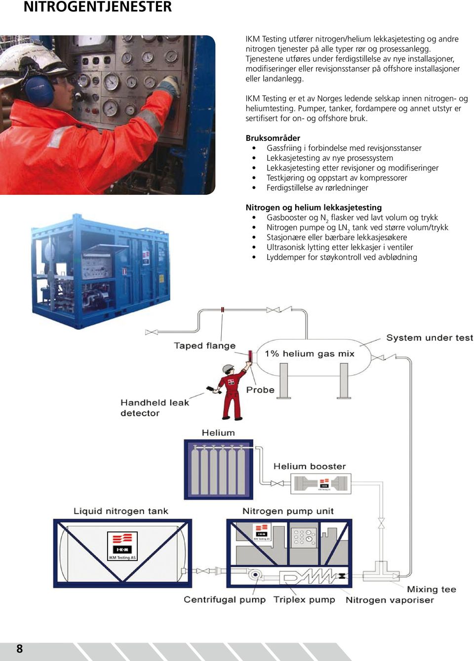 IKM Testing er et av Norges ledende selskap innen nitrogen- og heliumtesting. Pumper, tanker, fordampere og annet utstyr er sertifisert for on- og offshore bruk.