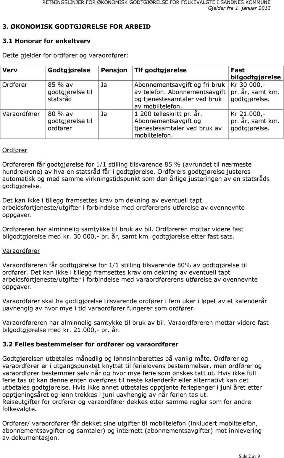 fri bruk av telefon. Abonnementsavgift og tjenestesamtaler ved bruk av mobiltelefon. Kr 30 000,- pr. år, samt km. godtgjørelse.