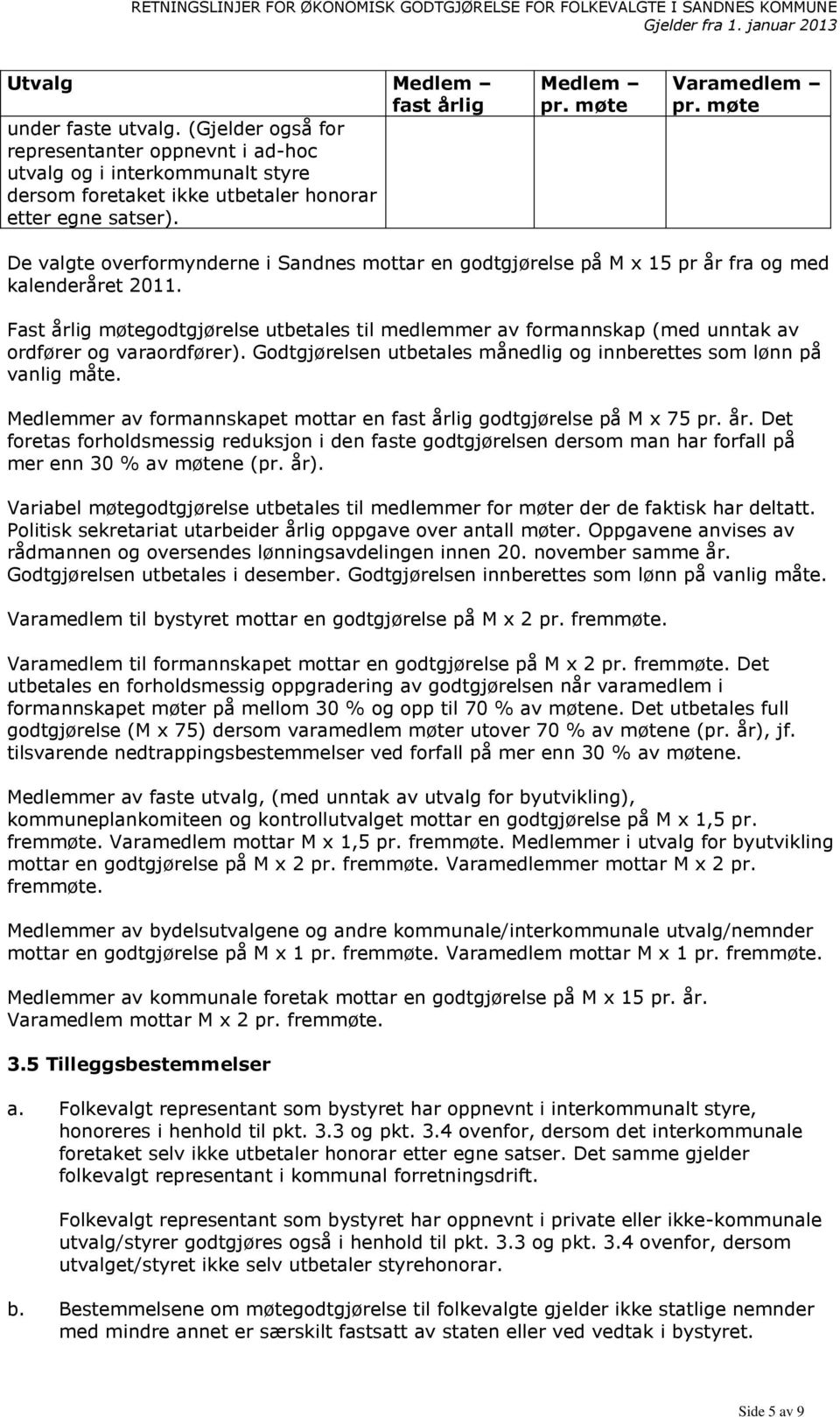 Fast årlig møtegodtgjørelse utbetales til medlemmer av formannskap (med unntak av ordfører og varaordfører). Godtgjørelsen utbetales månedlig og innberettes som lønn på vanlig måte.