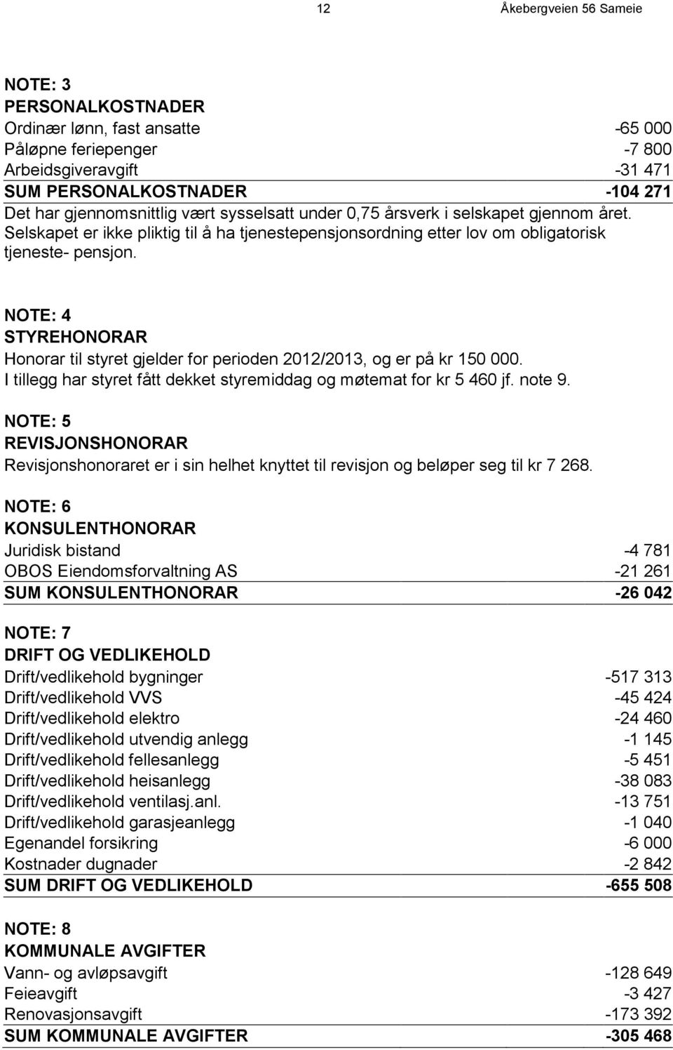 NOTE: 4 STYREHONORAR Honorar til styret gjelder for perioden 2012/2013, og er på kr 150 000. I tillegg har styret fått dekket styremiddag og møtemat for kr 5 460 jf. note 9.