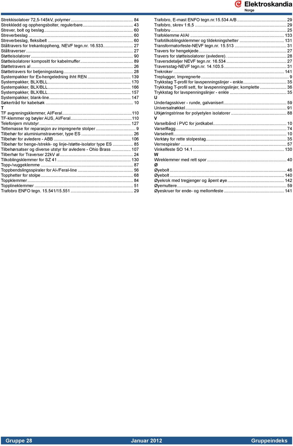 139 Systempakker, BLX/BLL 170 Systempakker, BLX/BLL 166 Systempakker, BLX/BLL 157 Systempakker, blank-line 147 Søkertråd for kabelsøk 10 T TF avgreningsklemmer, Al/Feral110 TF-klemmer og bøyler AUS,