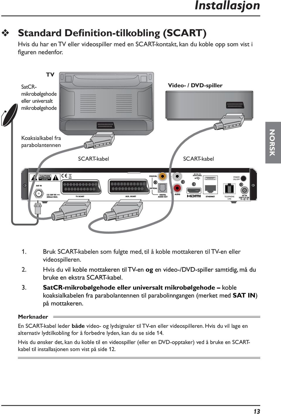 Bruk SCART-kabelen som fulgte med, til å koble mottakeren til TV-en eller videospilleren. 2.