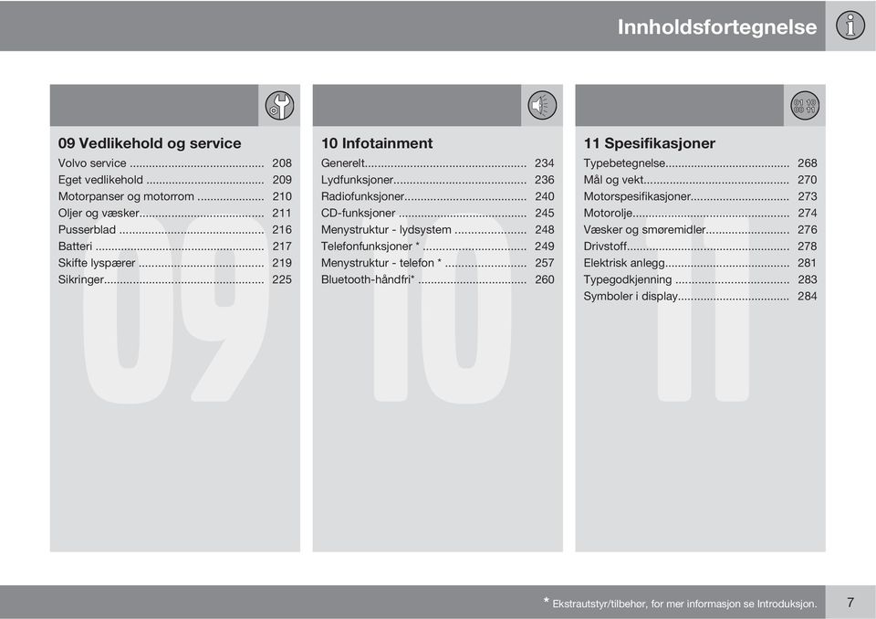 .. 248 Telefonfunksjoner *... 249 Menystruktur - telefon *... 257 Bluetooth-håndfri*... 260 11 Spesifikasjoner 11 Typebetegnelse... 268 Mål og vekt... 270 Motorspesifikasjoner.