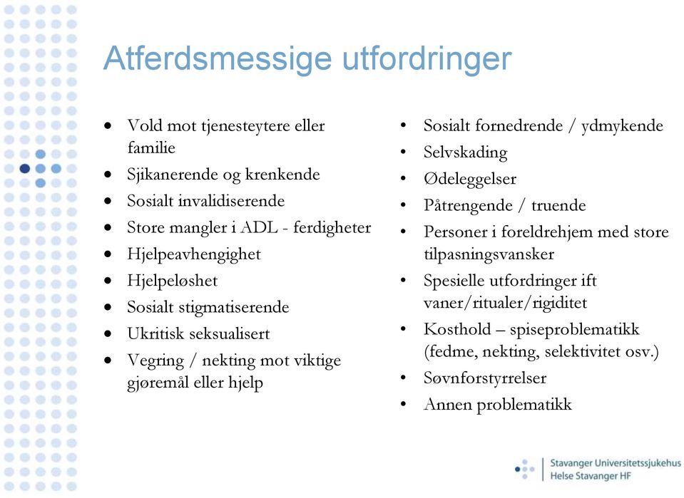 Sosialt fornedrende / ydmykende Selvskading Ødeleggelser Påtrengende / truende Personer i foreldrehjem med store tilpasningsvansker