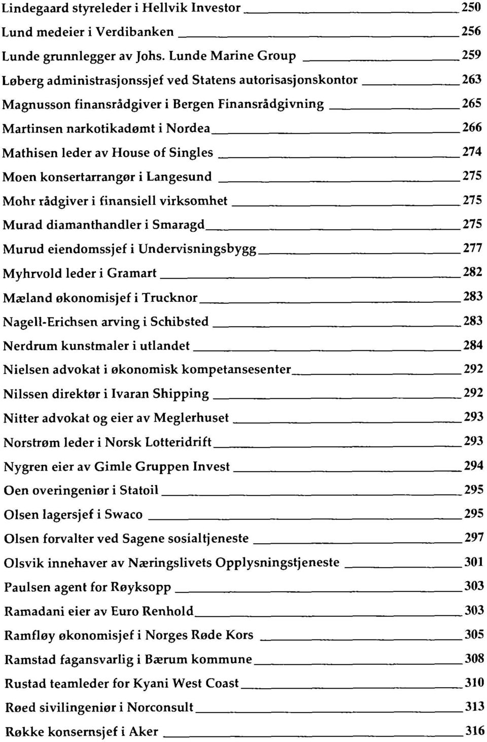 House of Singles 274 Moen konsertarrangør i Langesund 275 Mohr rådgiver i finansiell virksomhet 275 Murad diamanthandler i Smaragd 275 Murud eiendomssjef i Undervisningsbygg 277 Myhrvold leder i