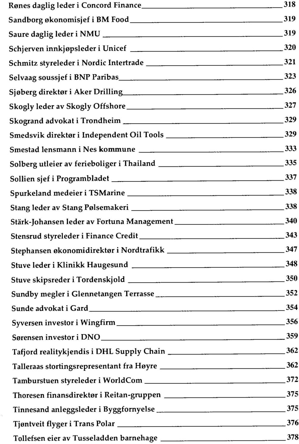 326 Skogly leder av Skogly Offshore 327 Skogrand advokat i Trondheim 329 Smedsvik direktør i Independent Oil Tools 329 Smestad lensmann i Nes kommune 333 Solberg utleier av ferieboliger i Thailand