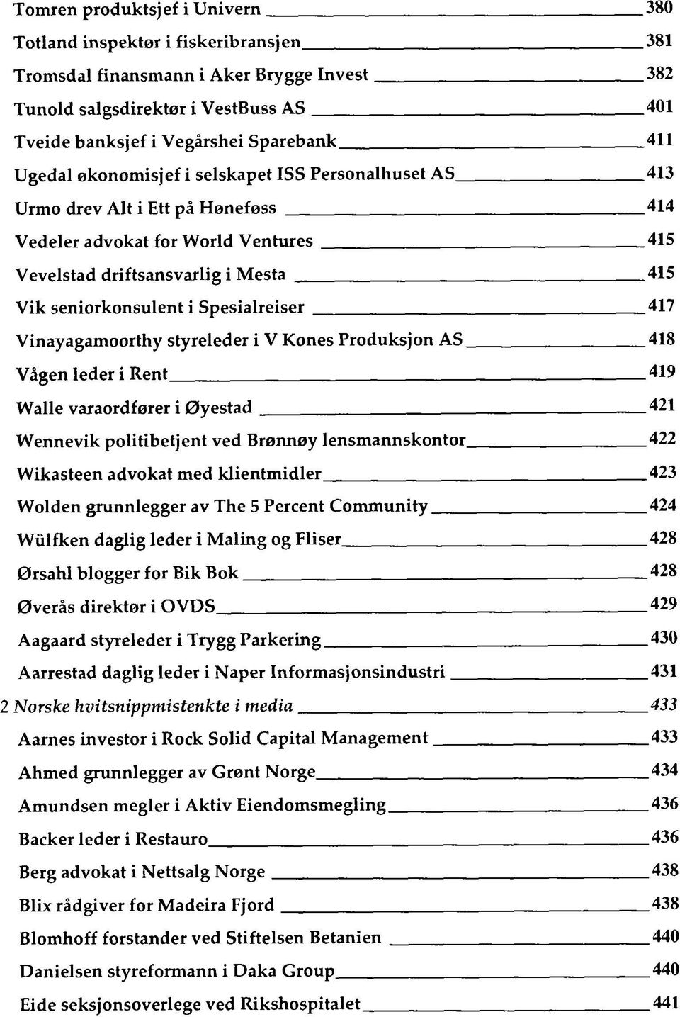 Spesialreiser 417 Vinayagamoorthy styreleder i V Kones Produksjon AS 418 Vågen leder i Rent 419 Walle varaordfører i Øyestad 421 Wennevik politibetjent ved Brønnøy lensmannskontor 422 Wikasteen