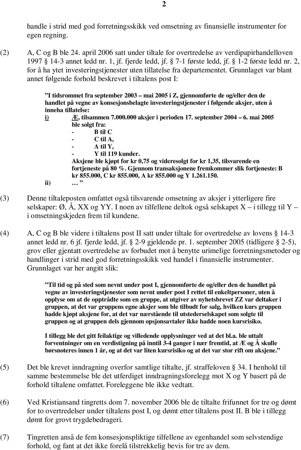 2, for å ha ytet investeringstjenester uten tillatelse fra departementet.