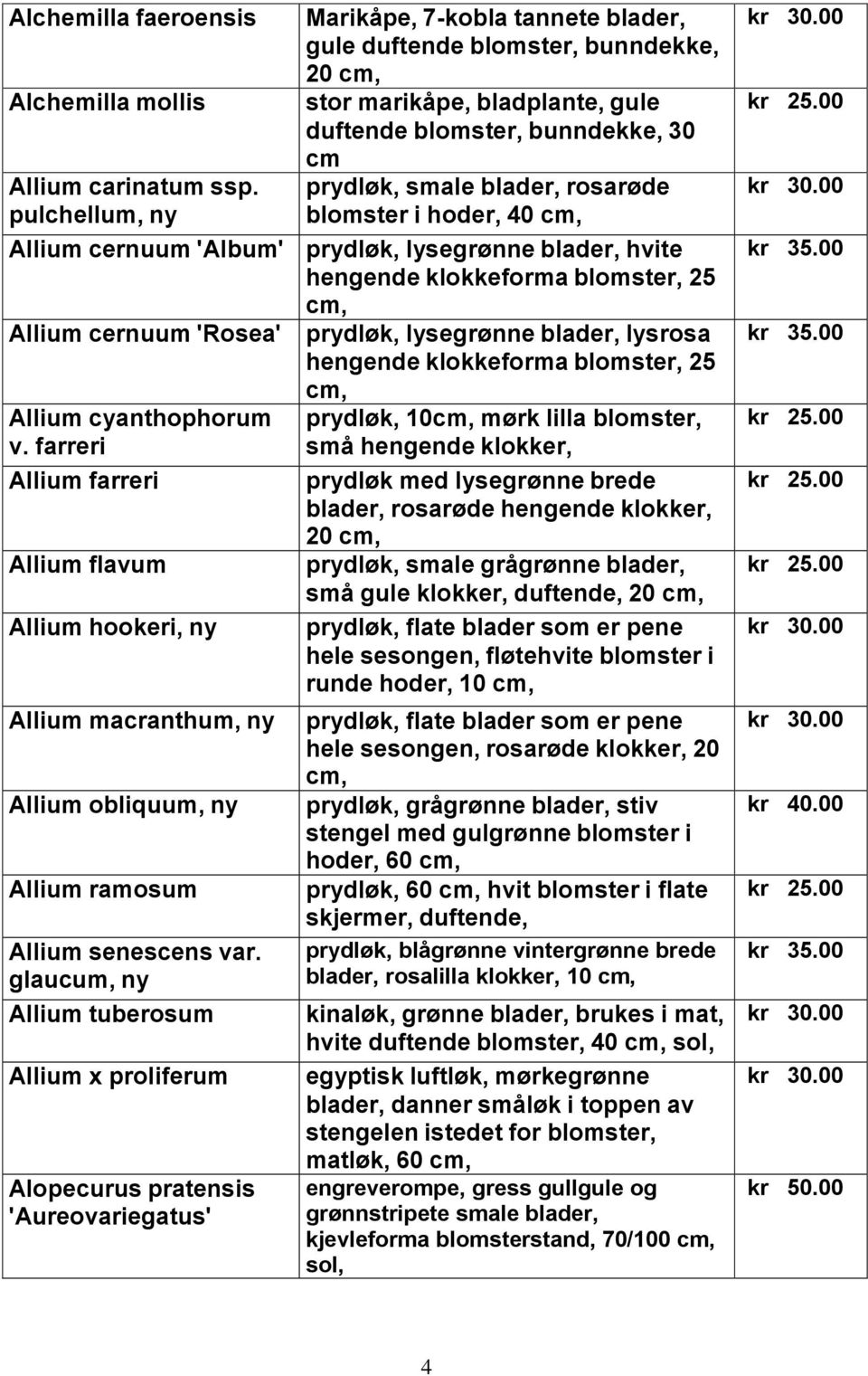 hoder, 40 Allium cernuum 'Album' prydløk, lysegrønne blader, hvite hengende klokkeforma blomster, 25 Allium cernuum 'Rosea' prydløk, lysegrønne blader, lysrosa hengende klokkeforma blomster, 25