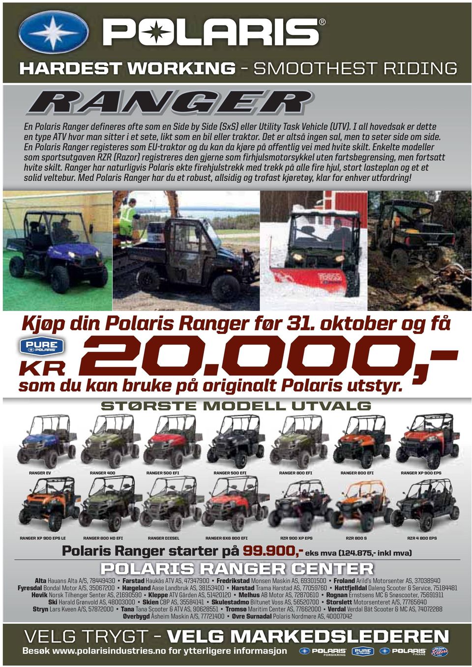 En Polaris Ranger registeres som EU-traktor og du kan da kjøre på offentlig vei med hvite skilt.