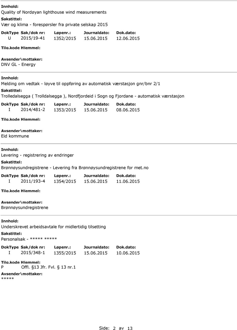automatisk værstasjon 2014/481-2 1353/2015 08.06.2015 Eid kommune Levering - registrering av endringer Brønnøysundregistrene - Levering fra Brønnøysundregistrene for met.