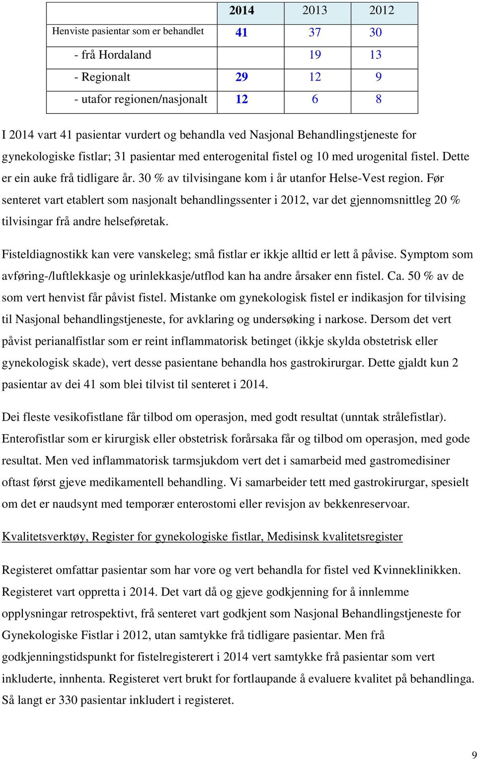 30 % av tilvisingane kom i år utanfor Helse-Vest region. Før senteret vart etablert som nasjonalt behandlingssenter i 2012, var det gjennomsnittleg 20 % tilvisingar frå andre helseføretak.