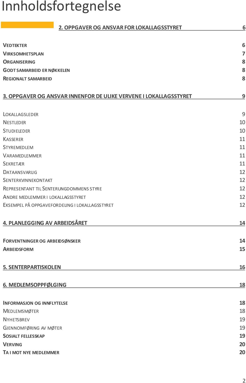 SENTERKVINNEKONTAKT 12 REPRESENTANT TIL SENTERUNGDOMMENS STYRE 12 ANDRE MEDLEMMER I LOKALLAGSSTYRET 12 EKSEMPEL PÅ OPPGAVEFORDELING I LOKALLAGSSTYRET 12 4.