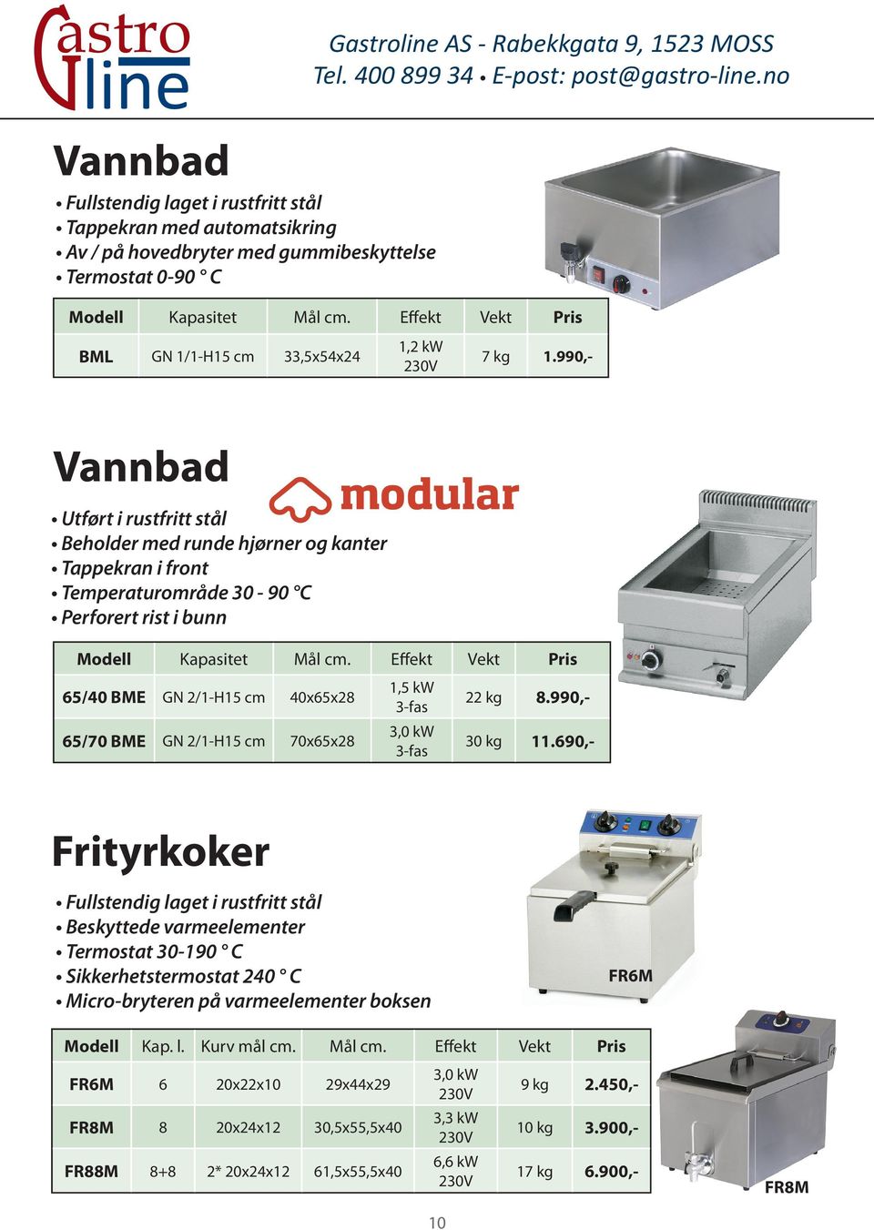 990,- Vannbad Utført i rustfritt stål Beholder med runde hjørner og kanter Tappekran i front Temperaturområde 30-90 C Perforert rist i bunn Modell Kapasitet Mål cm.