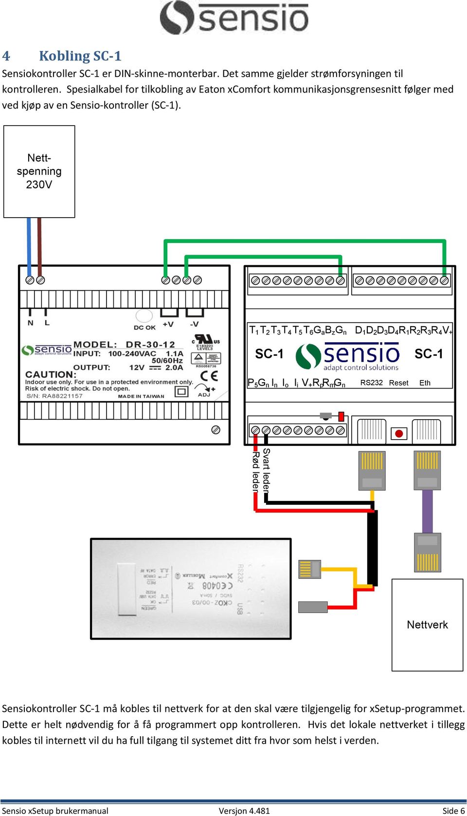 Nettspenning 230V T 1 T 2 T 3 T 4 T 5 T 6 G a B z G n D 1 D 2 D 3 D 4 R 1 R 2 R 3 R 4 V + SC-1 SC-1 P 5 G n I n I o I i V + R p R m G n RS232 Reset Eth Svart leder Rød leder Nettverk