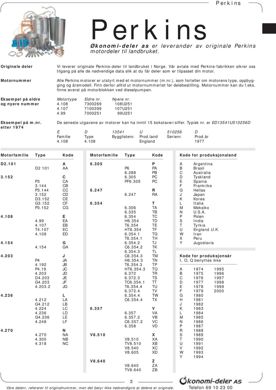 Alle Perkins motorer er utstyrt med et motornummer (m.nr.), som forteller om motorens type, oppbygging og årsmodell. Finn derfor alltid ut motornummertet før delebestilling. Motornummer kan du f.eks.