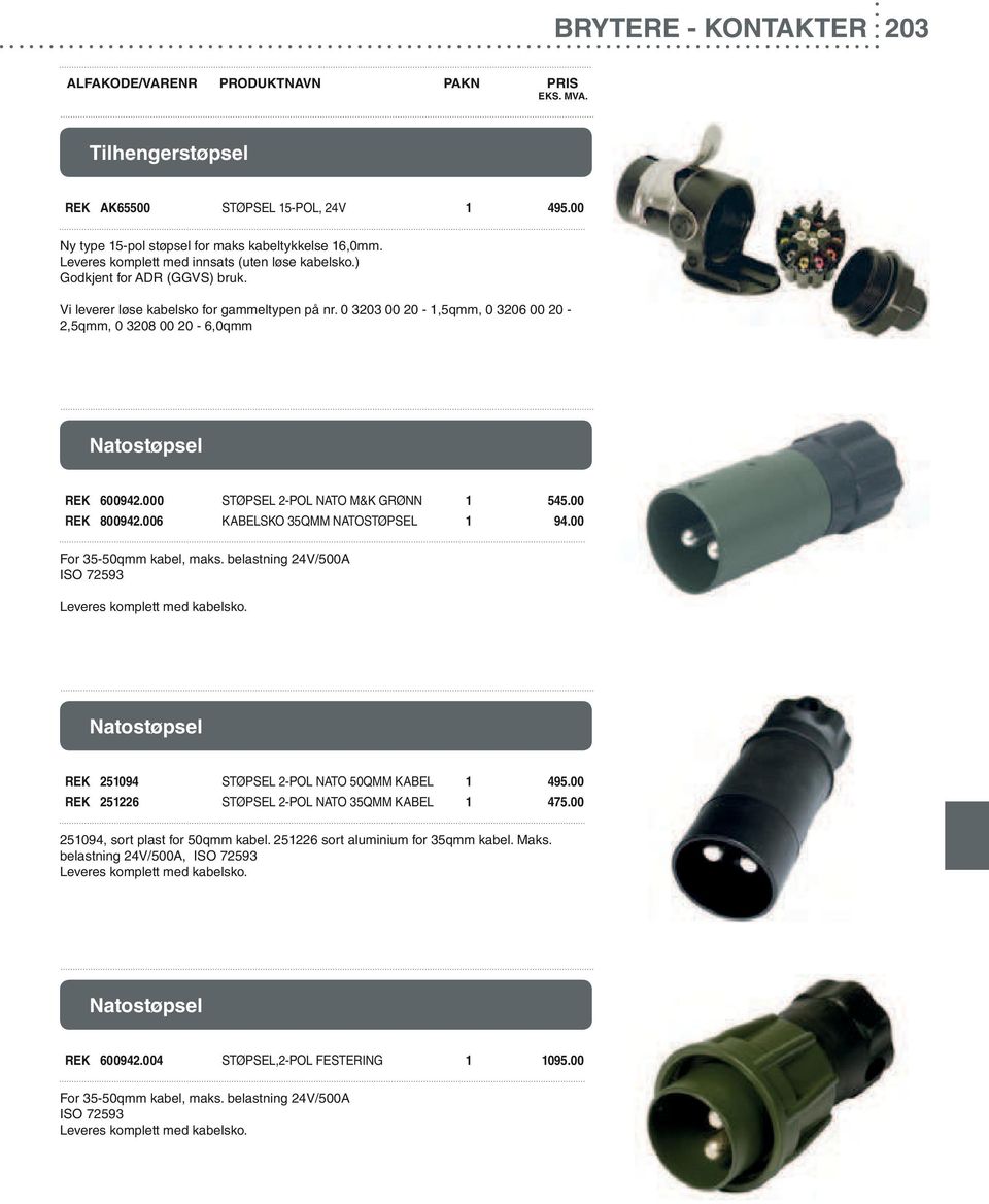 000 STØPSEL 2-POL NATO M&K GRØNN 1 545.00 REK 800942.006 KABELSKO 35QMM NATOSTØPSEL 1 94.00 For 35-50qmm kabel, maks. belastning 24V/500A ISO 72593 Leveres komplett med kabelsko.