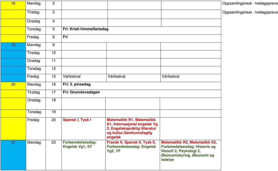 pinsedag Tirsdag 17 Fri: Grunnlovsdagen Onsdag 18 Torsdag 19 Fredag 20 Spansk I, Tysk I Matematikk R1, Matematikk S1, Internasjonal engelsk Vg 2, Engelskspråklig litteratur