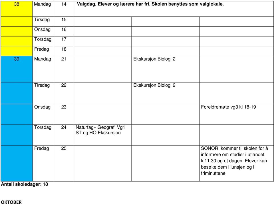 Onsdag 23 Foreldremøte vg3 kl 18-19 Torsdag 24 Naturfag+ Geografi Vg1 ST og HO Ekskursjon Antall skoledager: 18